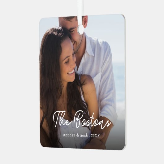 Stijlvolle Kerst Minimal Schattige Leuk Paar Foto Metalen Ornament (Voorkant links)