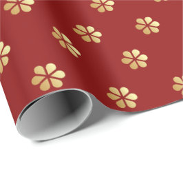 Stijlvolle Kerst Rood & Goud Daisy Cadeaupapier
