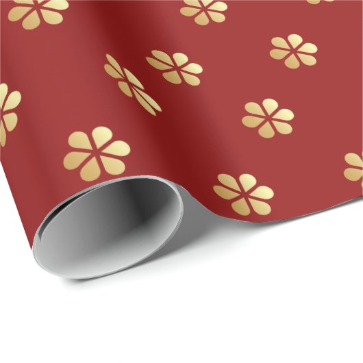 Stijlvolle Kerst Rood & Goud Daisy Cadeaupapier (Rol Hoek)