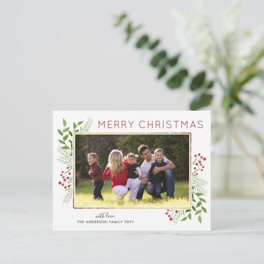 Stijlvolle kerstbladeren Foliage Berry Foto Feestdagenkaart (Staand voorkant)