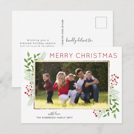 Stijlvolle kerstbladeren Foliage Berry Foto Feestdagenkaart (Voorkant / Achterkant)