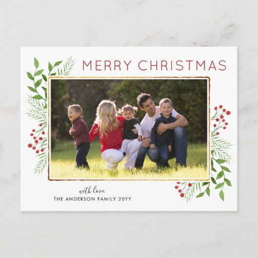 Stijlvolle kerstbladeren Foliage Berry Foto Feestdagenkaart (Voorkant)