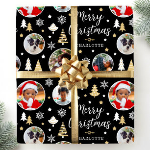 Stijlvolle kerstbomen Fotonaam Zwart Cadeaupapier