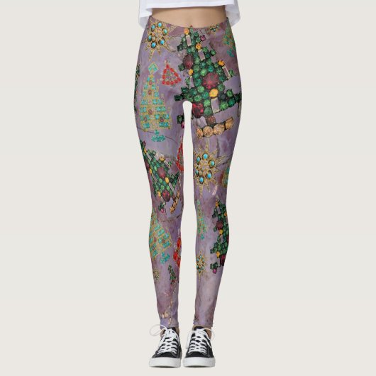 Stijlvolle kerstboom Jewel Bling Paars Jade Gem Leggings (Voorkant)