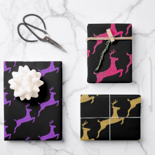 Stijlvolle kerstkleuren  Glitter rendier op zwart Inpakpapier Vel