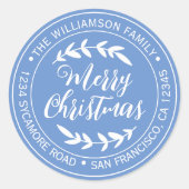 Stijlvolle Kerstmis Blij Retouradres Blauw Ronde Sticker (Voorkant)
