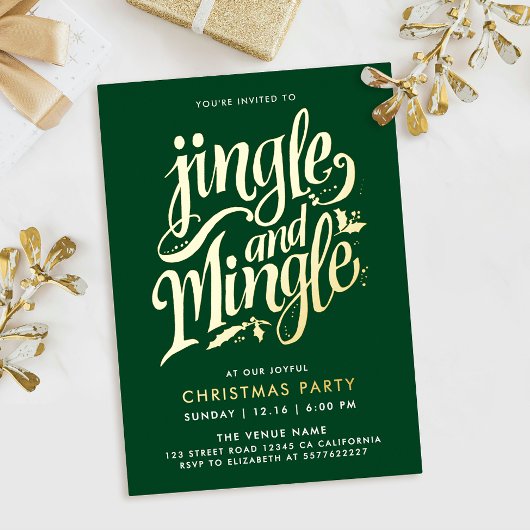 Stijlvolle Kerstmis Bosgroen En Gouden Script Folie Uitnodiging