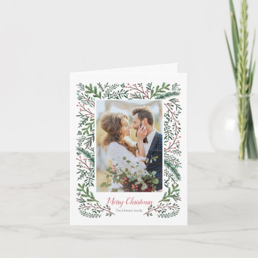 Stijlvolle kerstrode groene tinnen foto met foto feestdagen kaart (Voorkant)