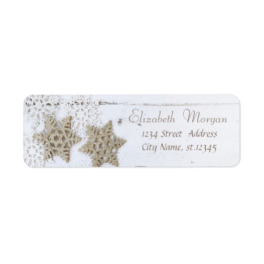 Stijlvolle kerstsnowflakes, houtextuur etiket (Voorkant)