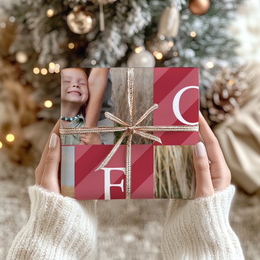 Stijlvolle Kerststrepen Fotocollage Vakantie Cadeaupapier