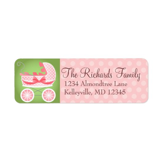 Stijlvolle kinderwagen roze wit & groen etiket (Voorkant)