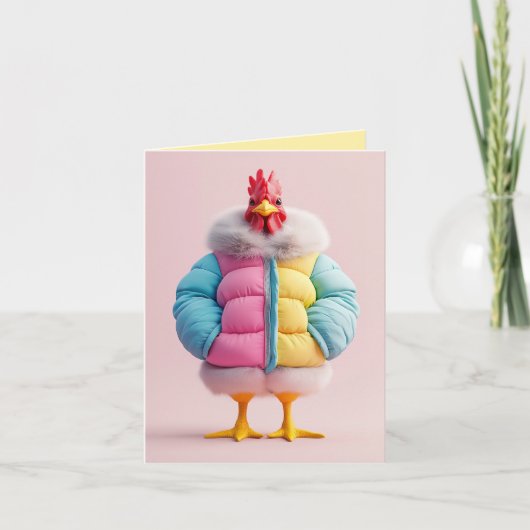Stijlvolle kip in kleurrijke winterjas (Voorkant)