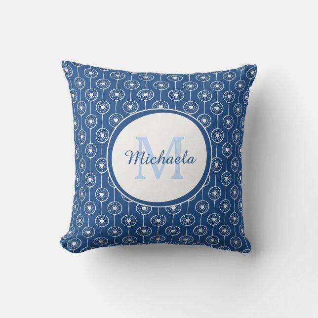 Stijlvolle Klassiek Blauwe Monogram Naam Hartjes S Kussen (Voorkant)