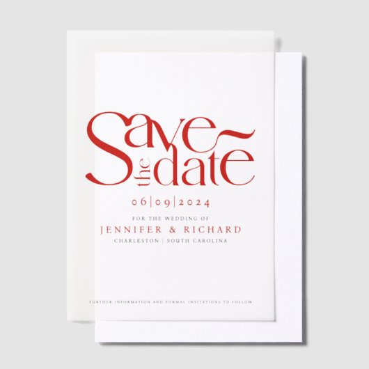 Stijlvolle klassieke rood zwart Save the date brui Vellum Uitnodigingen (Offset)