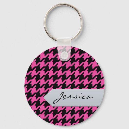 Stijlvolle, klassieke roze houndstooth met monogra sleutelhanger (Voorkant)