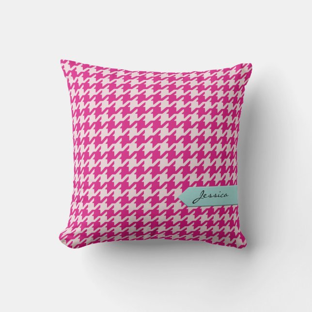Stijlvolle klassieke roze houndstooth met monogram kussen (Voorkant)