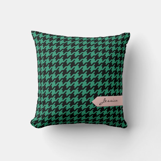 Stijlvolle klassieke smaragd houndstooth met monog kussen (Voorkant)