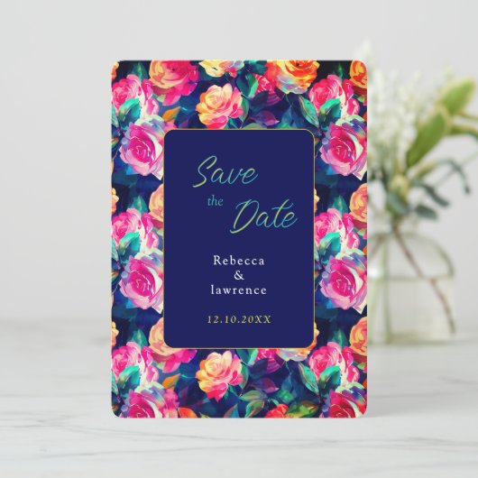 Stijlvolle Kleurrijke bloemen bruiloft Save The Date (Staand voorkant)