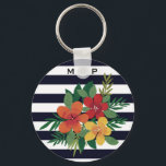 Stijlvolle, kleurrijke Floral op zwarte en witte s Sleutelhanger<br><div class="desc">Moderne strepen en florale sleutelhanger met optioneel monogram.</div>