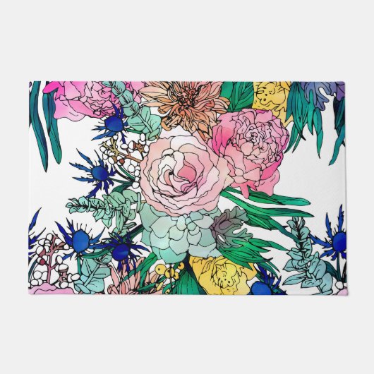 Stijlvolle kleurrijke Waterverf Floral Patroon Deurmat (Voorkant)