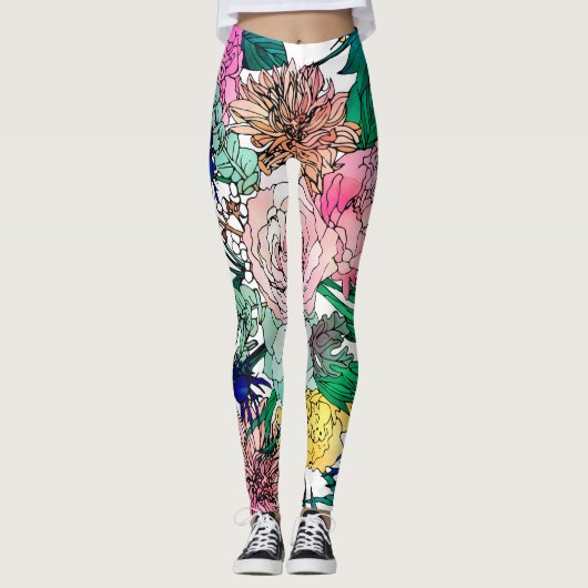 Stijlvolle kleurrijke Waterverf Floral Patroon Leggings (Voorkant)
