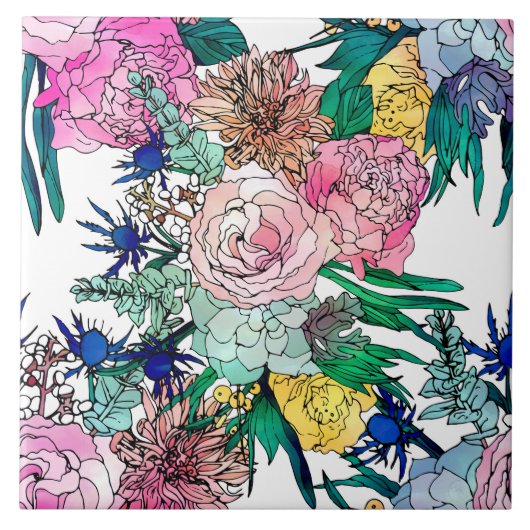 Stijlvolle kleurrijke Waterverf Floral Patroon Tegeltje (Voorkant)