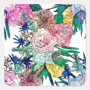 Stijlvolle kleurrijke Waterverf Floral Patroon Vierkante Sticker