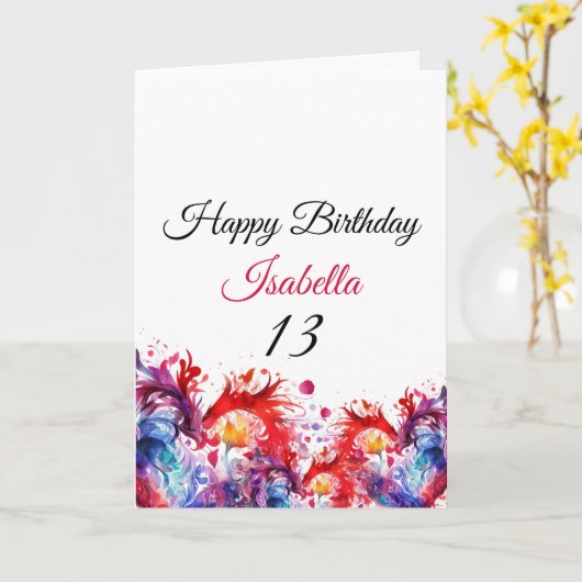 Stijlvolle kleurrijke Waterverf harten 13e verjaar Kaart (Gele Bloem)