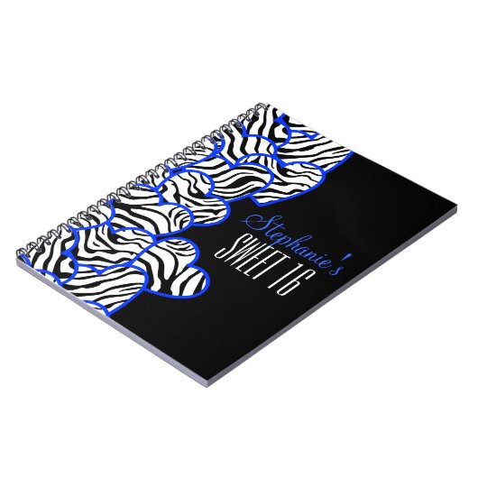 Stijlvolle Kobalt Sweet 16 Zebra Heart Design Naam Notitieboek (Linkerzijde)