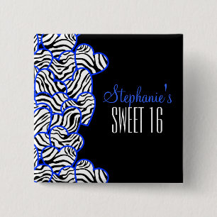Stijlvolle Kobalt Sweet 16 Zebra Heart Design Naam Vierkante Button 5,1 Cm