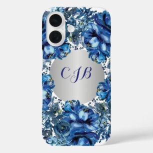 Stijlvolle kobaltblauwe bloem iPhone 16 hoesje