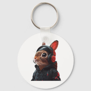 Stijlvolle konijn in zwarte hoodie en hoofdtelefoo sleutelhanger