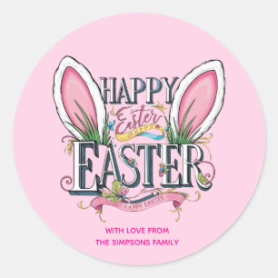 Stijlvolle konijnenoren roze Gelukkig Pasen Ronde Sticker