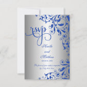 Stijlvolle Koninklijk Blauwe en Zilveren Krullen R RSVP Kaartje (Voorkant)