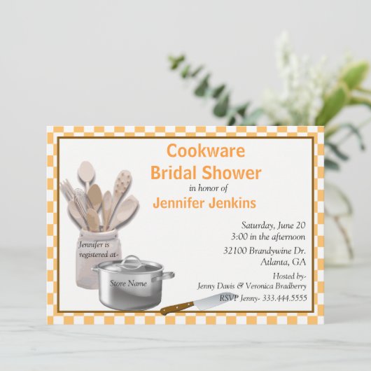 Stijlvolle kookgerei bruids douche uitnodiging (Staand voorkant)