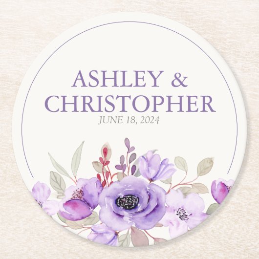 Stijlvolle Lavendel Waterverf Bloemen Boeket Bruil Ronde Kartonnen Onderzetter (Voorkant)