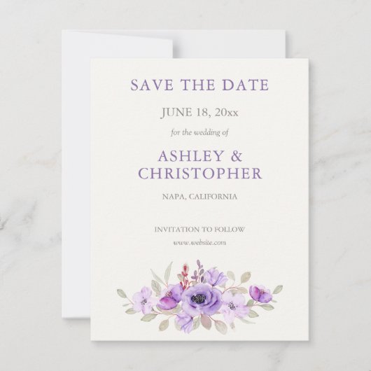 Stijlvolle lavendel waterverf bloemenboeket trouw save the date (Voorkant)