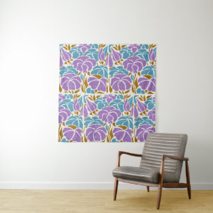 Stijlvolle lavender, Geel en Blauwe Flowers Art Wandkleed