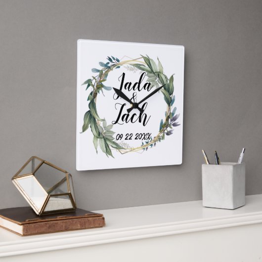 Stijlvolle Leafy Wreath Wedding Vierkante Klok (Kantoor)