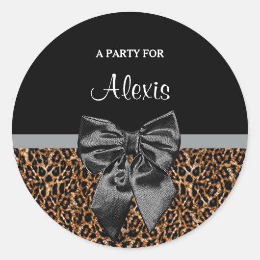 Stijlvolle Leopard Print Elegante Black Bow Party  Ronde Sticker (Voorkant)