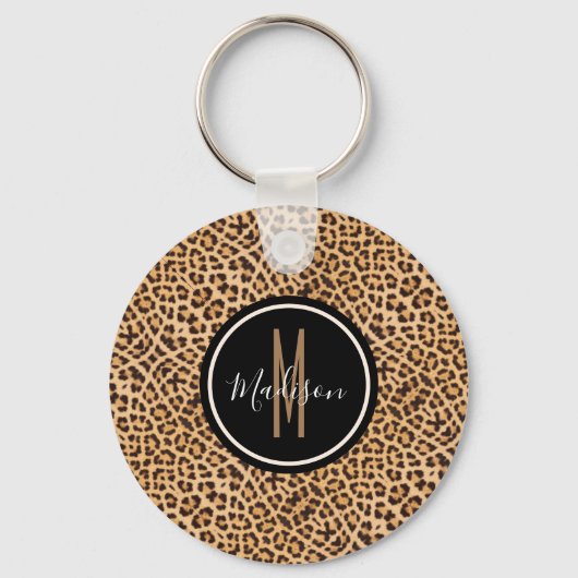 Stijlvolle Leopard Print Monogramed Script Name Sleutelhanger (Voorkant)