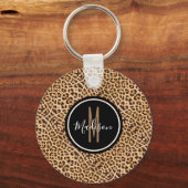Stijlvolle Leopard Print Monogramed Script Name Sleutelhanger (Voorkant)