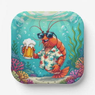 Stijlvolle leuke garnalen met een glas bier papieren bordje