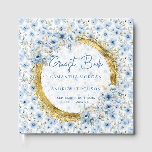 Stijlvolle lichtblauwe gouden glitter bruiloft gas gastenboek (Voorkant)
