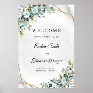 Stijlvolle lichte pastelblauwe rozen groen bruilof poster