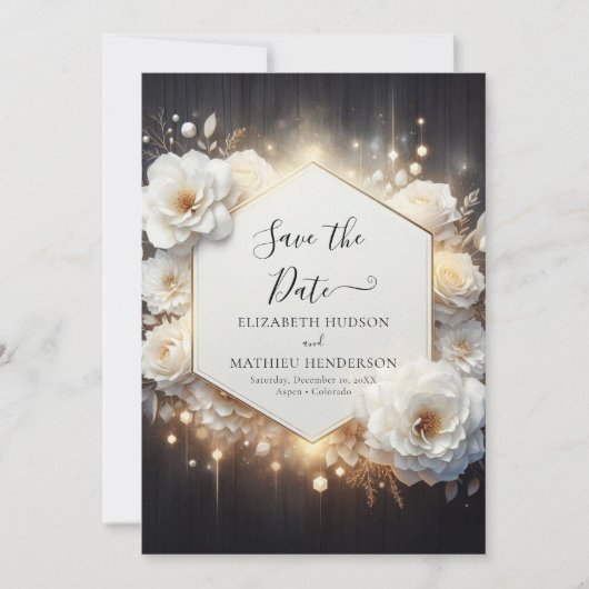 Stijlvolle Lichten Witte Rozen bruiloft Save The Date (Voorkant)