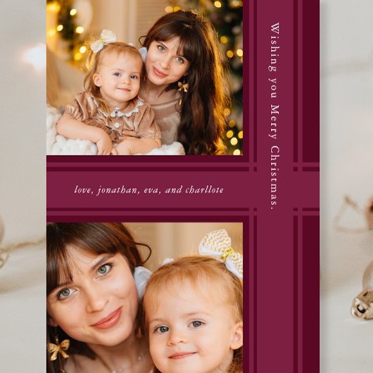 Stijlvolle linten Kerst Paarse Magenta Foto Feestdagenkaart