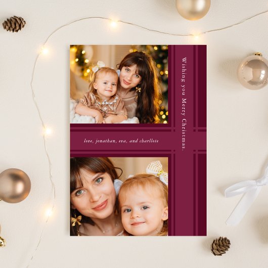 Stijlvolle linten Kerst Paarse Magenta Foto Feestdagenkaart