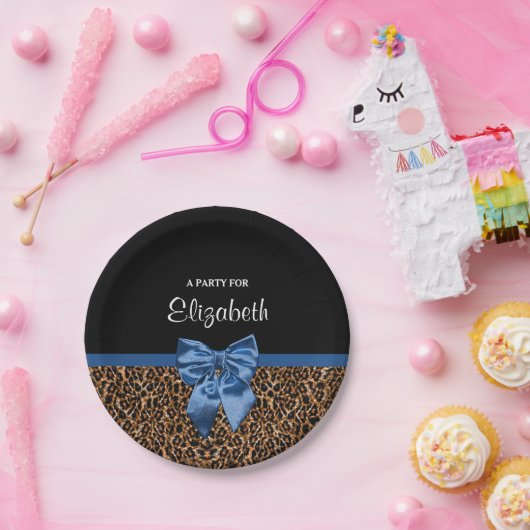 Stijlvolle luipaard Afdrukken Elegant Blue Bow en  Papieren Bordje (Feest)