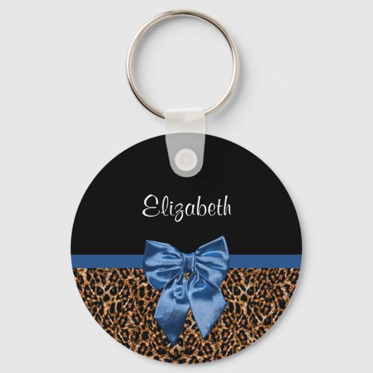 Stijlvolle luipaard Afdrukken Elegant Blue Bow en Sleutelhanger (Voorkant)